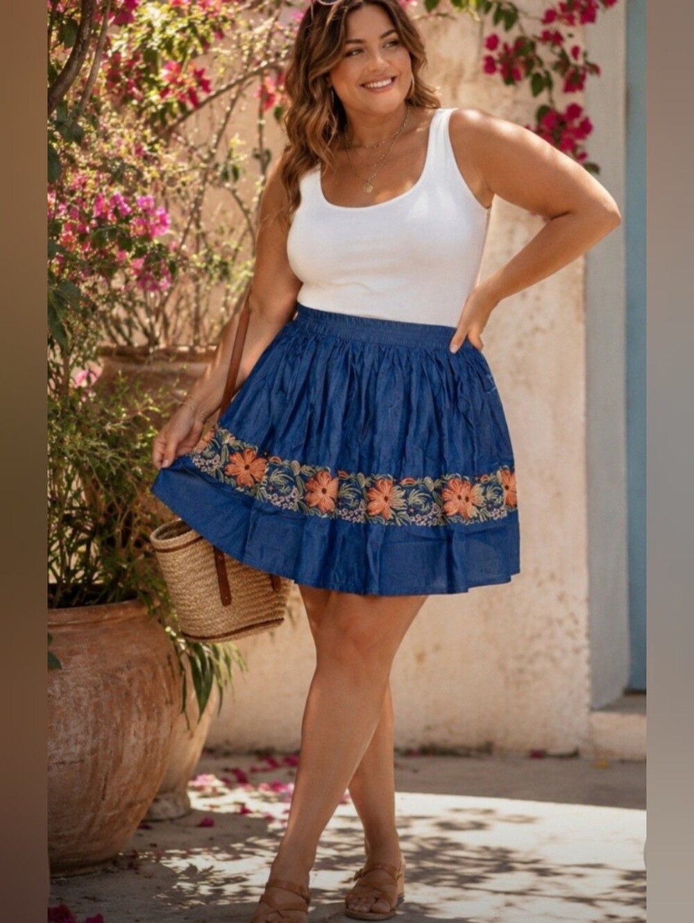POL Blue Orange Green Embroidered Floral Cotton Skater Skirt NWOT Large